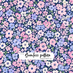 May include: A seamless pattern featuring a dense arrangement of small pink, light blue, and white flowers with green leaves on a dark navy blue background. A white rectangular label displays the text 300dpi Seamless pattern 3600x3600 px.