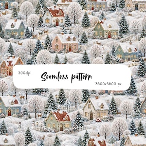 Op de afbeelding: Een naadloos digitaal patroon met een winterlandschap van een dorp met besneeuwde huizen, groenblijvende bomen en herten. De afbeelding bevat de tekst 300dpi, Seamless pattern en 3600x3600 px over het midden van de illustratie.