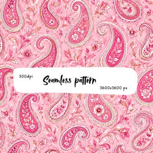 Op de afbeelding: Een naadloos patroon met roze paisley-motieven en florale elementen op een lichtroze achtergrond. Een wit rechthoekig kader in het midden toont de tekst 300dpi, Seamless pattern en 3600x3600 px in zwarte letters.
