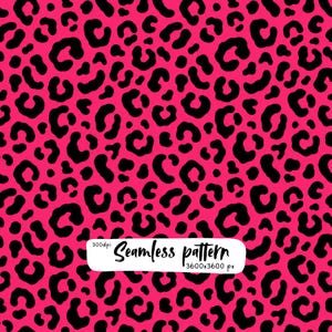 Könnte beinhalten: Ein nahtloses Muster mit einem leuchtend pinken Hintergrund, der mit schwarzen Leopardenflecken bedeckt ist. Ein weißes rechteckiges Etikett ist mittig auf dem Bild platziert, mit dem schwarzen Text 300dpi Seamless pattern 3600x3600 px.