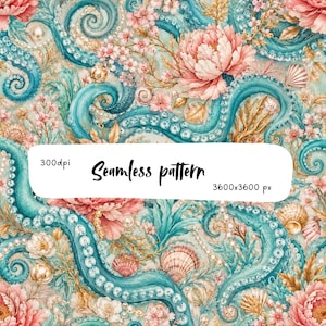 Pode incluir: Um padrão sem costuras com tentáculos de polvo azul-petróleo com ventosas, flores de peónia cor-de-rosa, pérolas brancas e conchas num fundo claro. A imagem inclui o texto 300dpi, Seamless pattern e 3600x3600 px no centro.