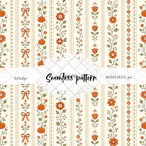 Pode incluir: Um padrão contínuo com listras verticais de abóboras, flores e laços laranja sobre um fundo creme. O design inclui linhas pontilhadas castanhas finas e trepadeiras verdes. O texto diz 300dpi, Seamless pattern, 3600x3600 px.