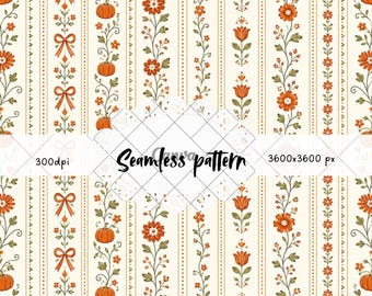 Motivo floreale autunnale a righe senza soluzione di continuità | Carta digitale in stile cottagecore con zucche | Design ripetuto ispirato al raccolto autunnale scandinavo