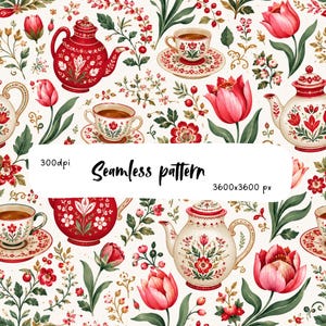 May include: A seamless pattern featuring red and cream teapots, teacups with saucers, and pink tulips on a white background. The text 300dpi, Seamless pattern, and 3600x3600 px is overlaid in the center of the image.