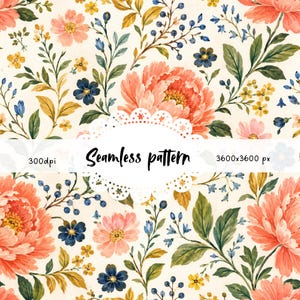 Op de afbeelding: Naadloos bloemenpatroon met grote koraalroze pioenen, blauwe en gele bloemen en groene bladeren op een crèmekleurige achtergrond. Het ontwerp bevat de tekst "Seamless pattern" en resolutie details.