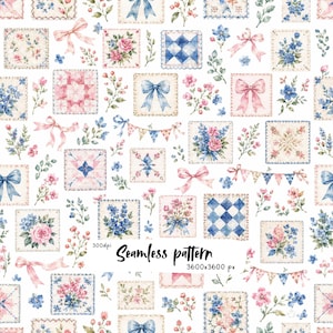 Rosa och blått Coquette Quilt Sömlöst Mönster, Akvarell Blommigt Patchwork, Rosetter och Vildblommor, Cottagecore Digitalt Papper PNG