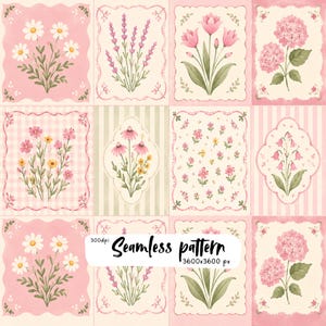 Può includere: Un motivo digitale senza cuciture con dodici pannelli rettangolari che mostrano illustrazioni floreali di margherite, lavanda, tulipani e ortensie in toni rosa e crema. Il testo recita 300dpi Seamless pattern 3600x3600 px.