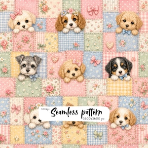Cute Puppy Patchwork Seamless Pattern, Pastel Dog Digital Paper, Shabby Chic Floral Fabric, Nursery Scrapbook Design