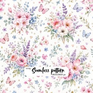Watercolor Floral Seamless Pattern, Pink Butterfly Digital Paper, Cottage Garden Fabric, Spring Flower Wallpaper