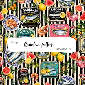 Mediterranean Sardine Seamless Pattern, Black Stripe Coastal Watercolor, Portuguese Fish Tin Fabric, Lemon Citrus Digital Paper