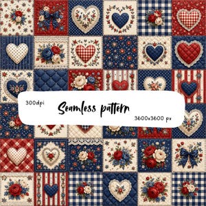 Pode incluir: Um padrão sem costuras com uma grelha de azulejos quadrados em vermelho, branco e azul. O design inclui texturas acolchoadas, arranjos florais, xadrez vichy, bolinhas e formas de coração. Texto: 300dpi, Seamless pattern, 3600x3600 px.