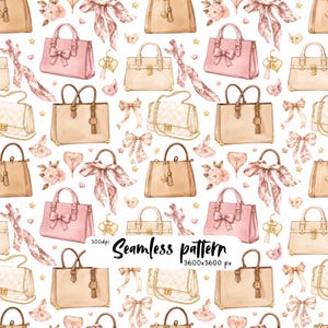Puede incluir: Un patrón continuo con ilustraciones en acuarela de varios bolsos en tonos rosa y beige, acentuados con lazos decorativos, motivos florales, pequeñas estrellas doradas y formas de corazón sobre un fondo blanco con el texto Seamless pattern.