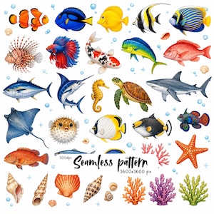 Pode incluir: Uma ilustração digital apresentando uma coleção de vida marinha colorida, incluindo um peixe-palhaço, cirurgião-patela, carpa koi, tartaruga marinha, tubarão, cavalo-marinho, peixe-balão, arraia, estrela-do-mar, várias conchas e recifes de coral.