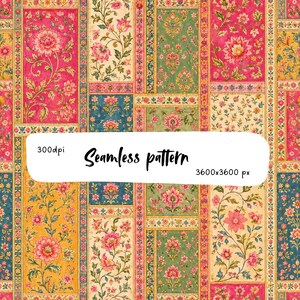 May include: A seamless pattern featuring a patchwork of rectangular panels with floral motifs in shades of pink, yellow, green, and blue. The image includes text that reads 300dpi, Seamless pattern, and 3600x3600 px in black lettering.