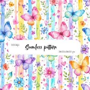 May include: A digital seamless pattern featuring watercolor butterflies in pink, blue, purple, and orange, interspersed with colorful flowers, green leaves, and small hearts over vertical pastel stripes. Text reads 300dpi Seamless pattern 3600x3600 px.