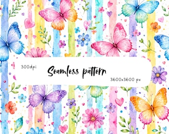 Rainbow Butterfly Seamless Pattern, Watercolor Floral Fabric Print, Pastel Hearts Scrapbook Paper PNG Repeat Tile Design Art for Etsy Shops!