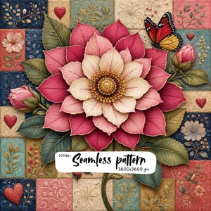 Digitale kunst met roze dahlia-patchwork, printbare quilt met vlinders en bloemen, vintage botanische stof- en behangontwerp