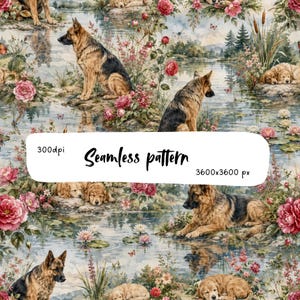 Puede incluir: Un patrón continuo que muestra pastores alemanes y cachorros dorados descansando cerca de un lago rodeado de flores rosas, follaje verde y mariposas. La imagen incluye el texto 300dpi, Seamless pattern y 3600x3600 px.