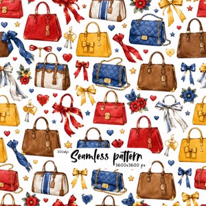 Puede incluir: Un patrón continuo con ilustraciones en acuarela de varios bolsos en rojo, azul, amarillo y marrón, intercalados con cintas decorativas, lazos, corazones y estrellas. El texto "300dpi Seamless pattern 3600x3600 px" es visible.