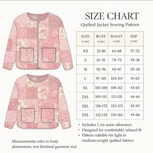 K&ouml;nnte beinhalten: Schnittmuster f&uuml;r eine rosa Steppjacke mit Gr&ouml;&szlig;entabelle. Das Jackendesign hat einen runden Ausschnitt, einen Rei&szlig;verschluss und zwei Vordertaschen. Die Gr&ouml;&szlig;entabelle enth&auml;lt Ma&szlig;e in cm f&uuml;r Brust, Taille und H&uuml;fte.