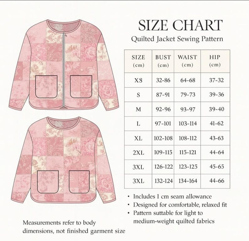 K&ouml;nnte beinhalten: Schnittmuster f&uuml;r eine rosa Steppjacke mit Gr&ouml;&szlig;entabelle. Das Jackendesign hat einen runden Ausschnitt, einen Rei&szlig;verschluss und zwei Vordertaschen. Die Gr&ouml;&szlig;entabelle enth&auml;lt Ma&szlig;e in cm f&uuml;r Brust, Taille und H&uuml;fte.