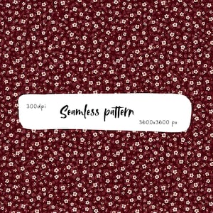 May include: A seamless pattern featuring a deep burgundy background densely covered with small, white five-petaled flowers. A white rectangular overlay in the center displays the text 300dpi, Seamless pattern, and 3600x3600 px in black font.