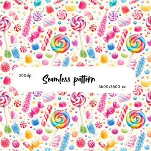 May include: A seamless pattern featuring a variety of colorful candies, including swirled lollipops, rock candy sticks, wrapped hard candies, and marshmallows on a light background. The image includes the text 300dpi, Seamless pattern, 3600x3600 px.