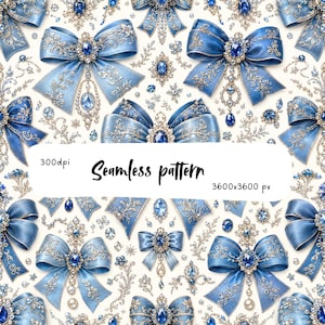 Pode incluir: Um padrão contínuo com laços de cetim azul-claro adornados com filigrana prateada, pedras preciosas azuis cintilantes e pequenas pérolas brancas. O texto 300dpi, Seamless pattern, 3600x3600 px está centrado na imagem.
