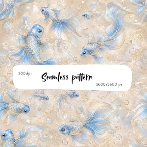 Puede incluir: Un patrón continuo con peces dorados azules y plateados de aletas fluidas sobre un fondo beige con detalles de purpurina dorada y burbujas. La imagen incluye el texto 300dpi, Seamless pattern y 3600x3600 px en una superposición blanca.