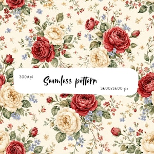 May include: A seamless pattern featuring clusters of red and cream roses with green leaves and small blue flowers on a cream background. The image includes the text 300dpi, Seamless pattern, and 3600x3600 px centered in a white rectangle.