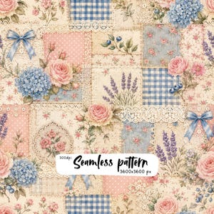 Könnte beinhalten: Ein nahtloses Muster mit einem Patchwork-Design aus rosa Rosen, blauen Hortensien, Lavendelzweigen, blauem Vichy-Karo und Punkten. Das Design enthält weiße Spitzenbordüren und blaue Schleifen sowie den Text 300dpi Seamless pattern 3600x3600 px.