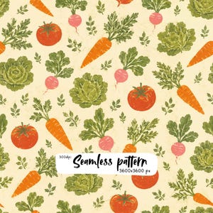 May include: A seamless pattern featuring illustrated vegetables including orange carrots, red tomatoes, pink radishes, and green heads of lettuce on a cream background. The text 300dpi Seamless pattern 3600x3600 px is centered on the image.