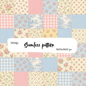 Patrón sin costuras de patchwork de rosas en tonos pastel, papel digital para patchwork estilo shabby chic, diseño floral repetitivo de estilo cottagecore.