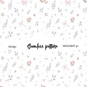 May include: A seamless pattern featuring watercolor illustrations of pink roses, lavender, blue flowers, and delicate green leaves, along with pink bows, scattered on a white background. The text "Seamless pattern" is written in black script.