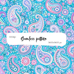 May include: A seamless pattern featuring a vibrant turquoise background with intricate paisley motifs in shades of pink, purple, and white. The design includes the text 300dpi, Seamless pattern, and 3600x3600 px centred on a white overlay.