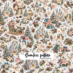 Pode incluir: Um padrão contínuo com o Pai Natal, renas, castelos ornamentados, árvores de Natal, presentes, lanternas, poinsétias e flocos de neve. O texto 300dpi Seamless pattern 3600x3600 px está centrado sobre o fundo branco.