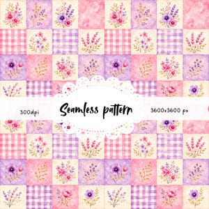 Puede incluir: Un diseño de patrón sin costuras con una cuadrícula de cuadrados con elementos florales y cuadros vichy en acuarela. Los cuadrados alternan entre tonos rosas y morados, con ramos de flores y el texto "Seamless pattern". La imagen es de 3600x3600 px.
