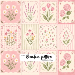 May include: A digital seamless pattern featuring twelve rectangular panels with various floral illustrations including daisies, lavender, tulips, and hydrangeas in pink and cream tones. Text reads 300dpi Seamless pattern 3600x3600 px.