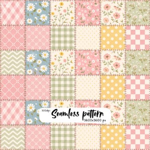 Pode incluir: Um design de patchwork digital apresentando uma grade de quadrados com vários padrões, incluindo margaridas, flores silvestres, xadrez vichy rosa, bolinhas brancas e chevrons verdes. O texto "300dpi Seamless pattern 3600x3600 px" está centralizado.