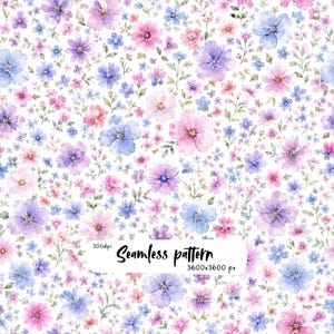 May include: A seamless pattern featuring a watercolor floral design with various sizes of flowers in shades of pink, purple, and blue on a white background. The text 300dpi Seamless pattern 3600x3600 px is printed in black in the center.