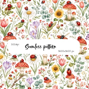 Wzór biedronki i muchomora w formacie PNG, wzór tkaniny Cottagecore Wildflower, cyfrowy papier do pobrania z botanicznym ogrodem grzybów