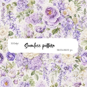 May include: A seamless digital pattern featuring watercolour illustrations of purple and white flowers, including peonies, hydrangeas, and lavender sprigs. The image includes the text 300dpi, Seamless pattern, and 3600x3600 px in black font.