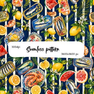 Mediterranean Sardine Market Seamless Pattern, Portuguese Fish Tin Watercolor, Lemon Shrimp Coastal Fabric, Summer Digital Paper