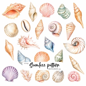 Könnte beinhalten: Eine Sammlung von Aquarellillustrationen mit verschiedenen Muscheln in Rosa-, Orange-, Blau- und Beigetönen. Das Bild enthält den Text Seamless pattern 300dpi 3600x3600 px. Die Muscheln variieren in ihrer Form, darunter Spiral-, Fächer- und Kegelformen.