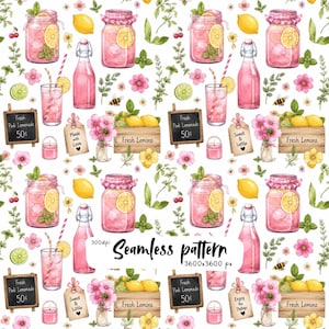 Op de afbeelding: Een naadloos patroon met aquarelillustraties van roze limonade in glazen potten en flessen, houten kisten met het label Fresh Lemons, kleine krijtborden met de tekst Fresh Pink Lemonade 50 cents, bijen, bloemen en kersen.