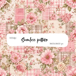 Può includere: Un motivo senza cuciture caratterizzato da un design patchwork di quadrati a quadri rosa e beige sovrapposti a illustrazioni di fiori rosa e foglie verdi. L'immagine include il testo 300dpi, Seamless pattern e 3600x3600 px al centro.