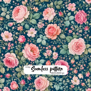 May include: A seamless pattern featuring a dark navy blue background with a dense arrangement of pink roses, rosebuds, and green leaves. A white rectangular label in the center displays the text: 300dpi Seamless pattern 3600x3600 px.