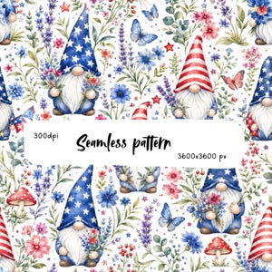 May include: A seamless pattern featuring gnomes with white beards wearing blue star-patterned or red and white striped hats, surrounded by watercolor illustrations of blue and pink wildflowers, lavender sprigs, red mushrooms, and blue butterflies.