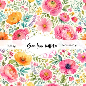 Watercolor Wildflower Seamless Pattern, Cottagecore Botanical Flowers Fabric Print JPG