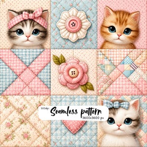May include: A seamless pattern design featuring a grid of quilted squares with kittens, fabric flowers with buttons, and floral or plaid prints. The image includes text that reads 300dpi Seamless pattern 3600x3600 px in a white rectangular box.